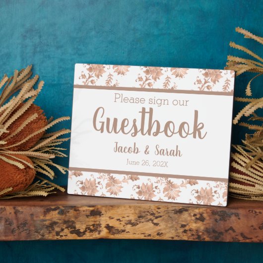 Rose Gold Floral on White Guestbook Table Plaque Fotoplatte (Seite)