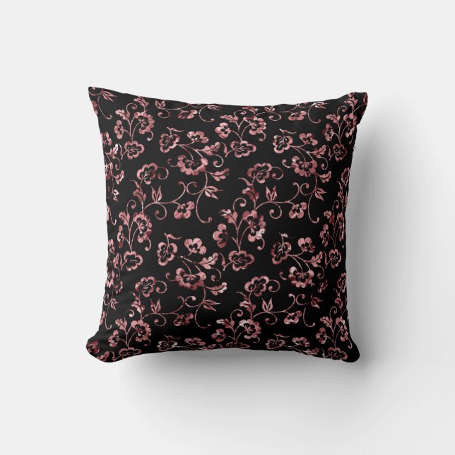 Rose Gold Floral Pattern auf Schwarz Kissen (Vorderseite)
