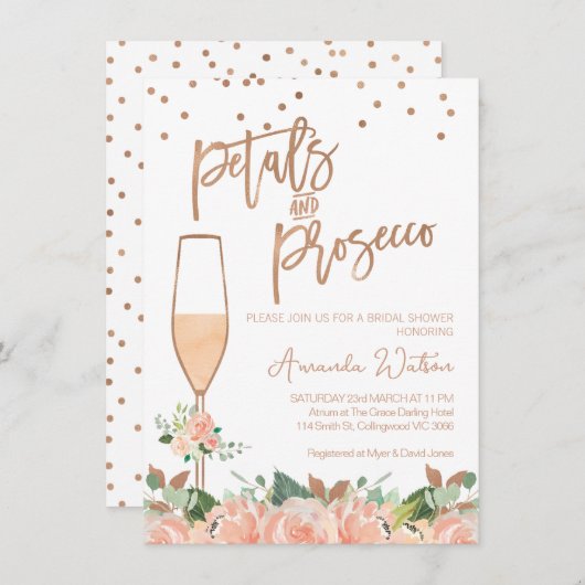 Rose Gold Floral Petals Prosecco Brautparty Einladung (Vorne/Hinten)
