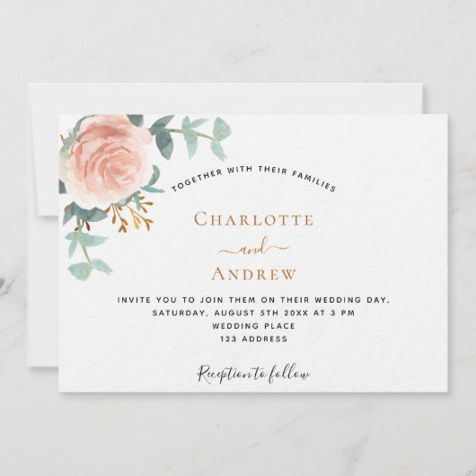 Rose Gold floral QR UAWG details Luxushochzeit Einladung (Vorderseite)