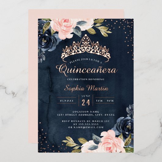 Rose Gold Floral Quinceanera Einladung (Vorderseite/Rückseite)