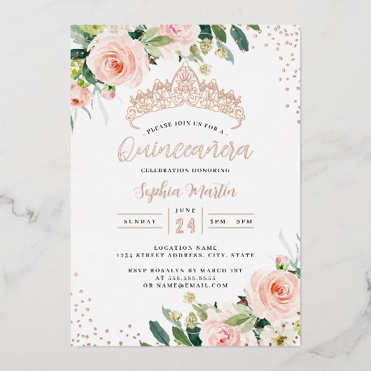 Rose Gold Floral Quinceanera Folieneinladung (Vorderseite)