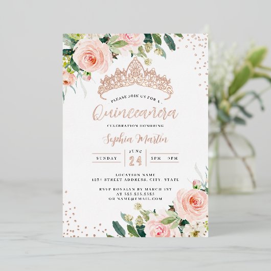 Rose Gold Floral Quinceanera Folieneinladung (Stehend vorne)