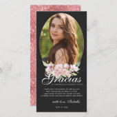 Rose Gold Floral Quinceñera Foto Danke Karte (Vorne/Hinten)