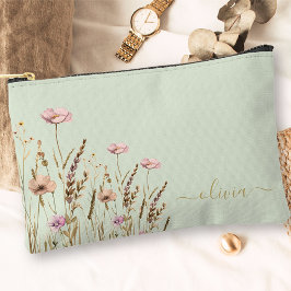 Rose Gold Floral Sage Green Gold Name Monogram Zubehörtasche