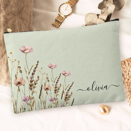 Rose Gold Floral Sage Green Name Monogram Zubehörtasche