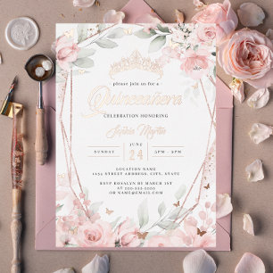 Rose Gold Floral Schmetterling Rosa Quinceanera  Folieneinladung