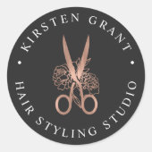 Rose Gold Floral Scissors Logo Runder Aufkleber (Vorderseite)