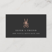 Rose Gold Floral Scissors Logo | Salon Empfehlungskarte (Vorderseite)