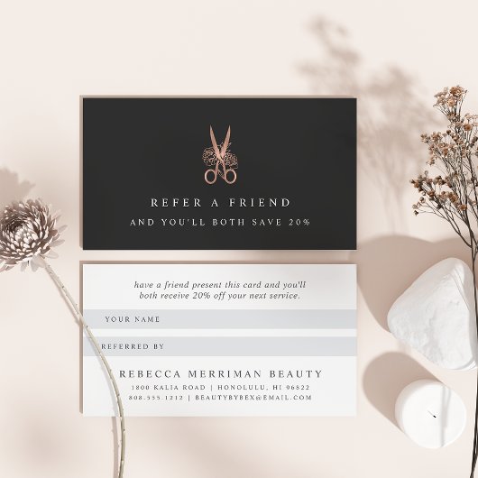 Rose Gold Floral Scissors Logo | Salon Empfehlungskarte