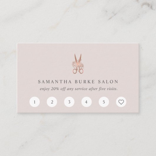 Rose Gold Floral Scissors Logo | Salon Treuekarte (Vorderseite)