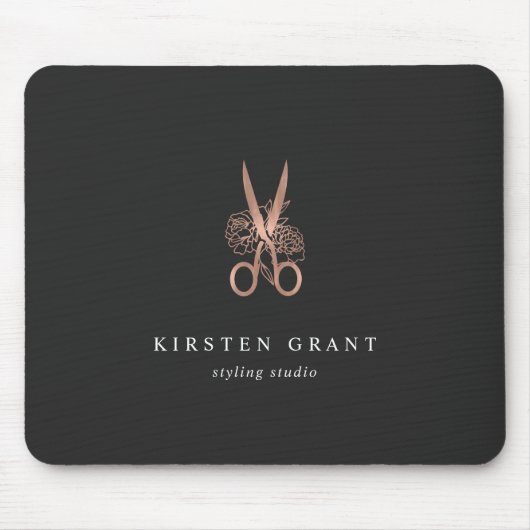 Rose Gold Floral Scissors Salon Logo Mousepad (Vorne)