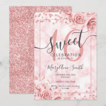 Rose Gold Floral Sweet 16 Birthday Marble Glitzer