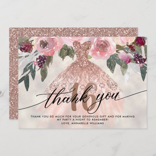 Rose Gold Floral Sweet 16 Danke (Vorne/Hinten)