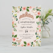 Rose Gold Floral Tiara Butterfly Foto Quinceanera Folieneinladung (Stehend vorne)