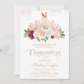 Rose Gold Floral Tiara & Butterfly Quinceanera Einladung (Vorderseite)