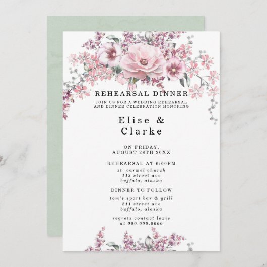 Rose Gold Floral und Eukalyptus Probe Abendessen Einladung (Vorne/Hinten)