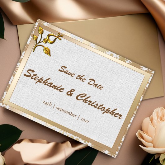 Rose Gold Floral und Linen Hochzeit Ankündigungspostkarte