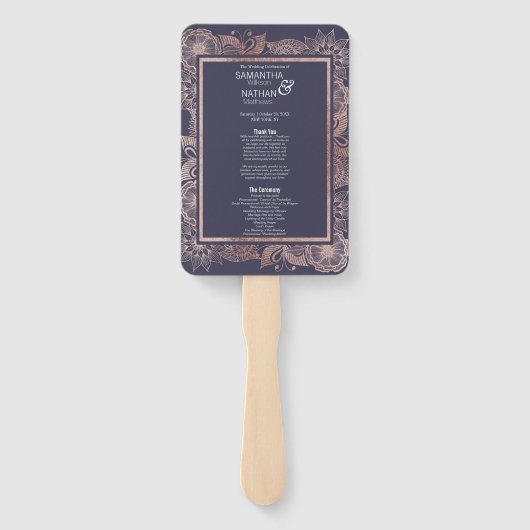 Rose Gold Floral und Navy Blue Hochzeitsprogramme Fächer (Rückseite)