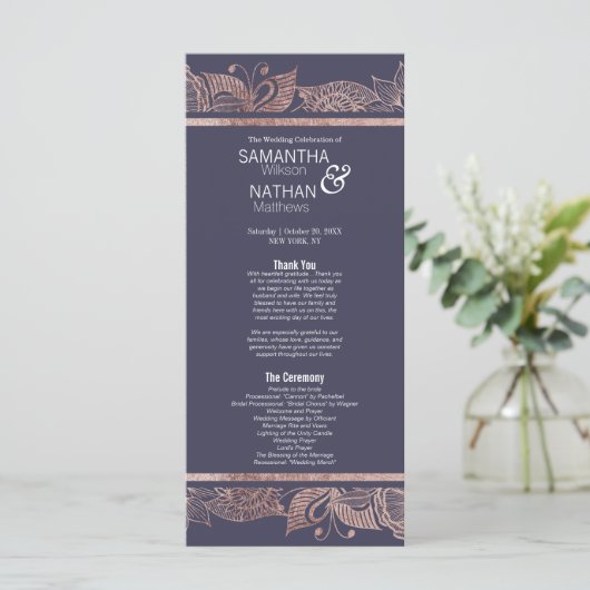 Rose Gold Floral und Navy Blue Hochzeitsprogramme Programm (Stehend Vorderseite)