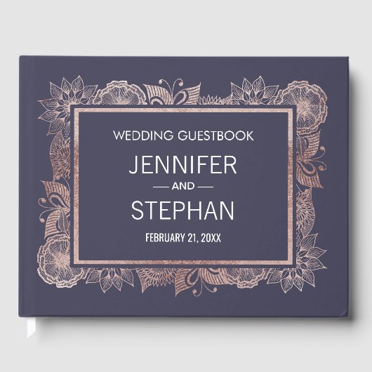 Rose Gold Floral und Navy Blue Wedbook Gästebuch (Vorderseite)