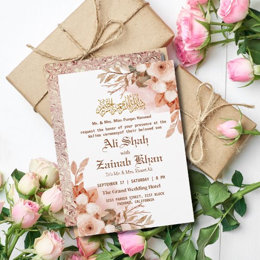 Rose Gold Floral Walima Islamische Hochzeit Einladung