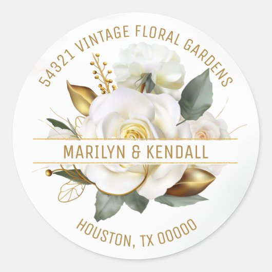 Rose Gold Floral Wedding Address Runder Aufkleber (Vorderseite)