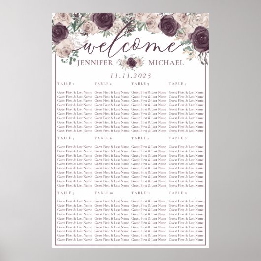 Rose gold Floral Wedding Seating List Table Number Poster (Vorne)