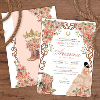 Rose Gold Floral Western Charra Quinceañera Einladung