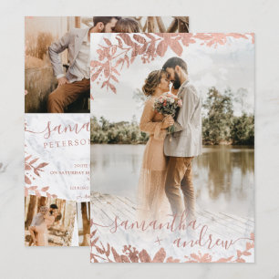 Rose Gold florale Marmor Drehbuch 5 Fotos Hochzeit Einladung