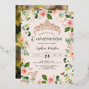 Rose Gold Florale Tiara Schmetterling Foto Quincea Folieneinladung