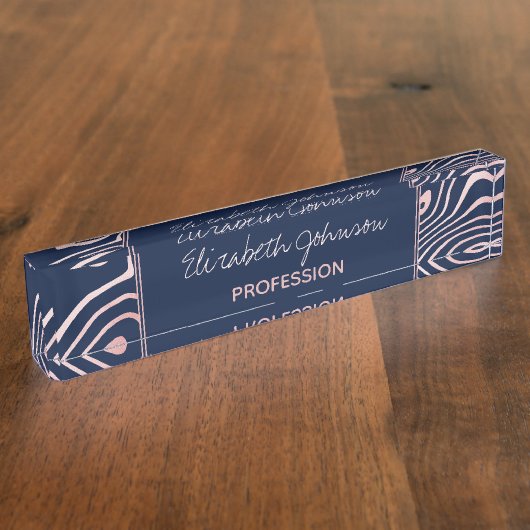 Rose Gold flüssige wirbeln Abstrakt blaues Design Namensplakette (Seite)