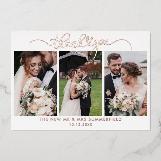 Rose Gold Foil 3 Fotos Hochzeit Dankeschön Karte (Vorderseite)