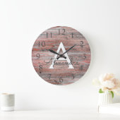 Rose Gold Foil and Rustic Wood Monogram Große Wanduhr (Zuhause)