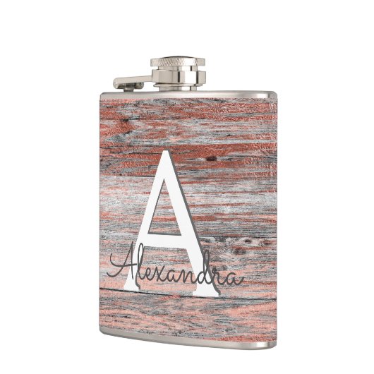 Rose Gold Foil and Rustic Wood Monogram & Initial Flachmann (Links)