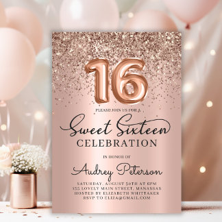 Rose Gold Foil Ballon Glitzer Sweet 16. Geburtstag Einladung