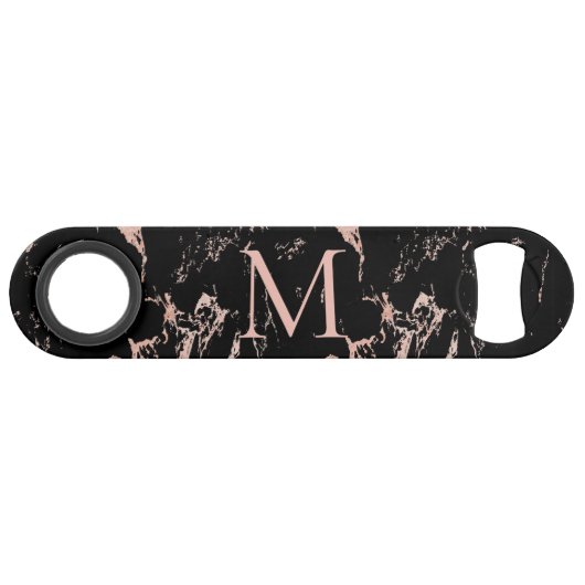 Rose Gold Foil Black Marble Monogramm Speed Flaschenöffner (Vorderseite (Horizontal))