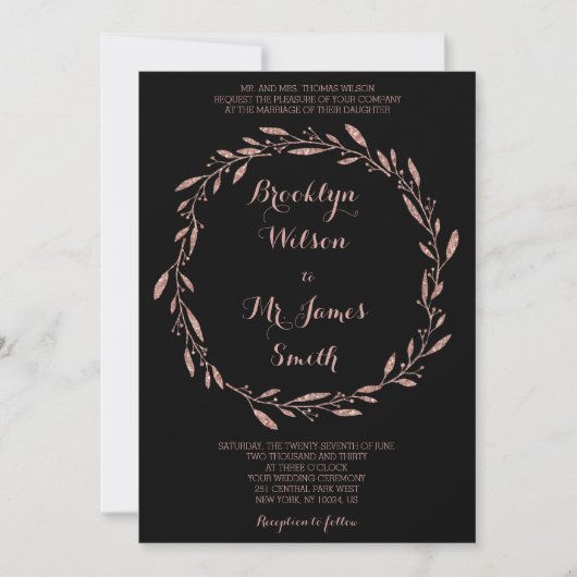 Rose Gold Foil Black Wedding Wreath Einladung (Vorderseite)