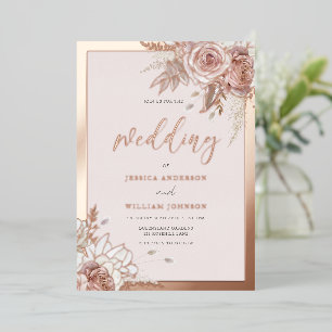 Rose Gold Foil Blush Blues mit Grenz-Hochzeit Folieneinladung