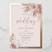 Rose Gold Foil Blush Blues mit Grenz-Hochzeit Folieneinladung (Vorderseite)