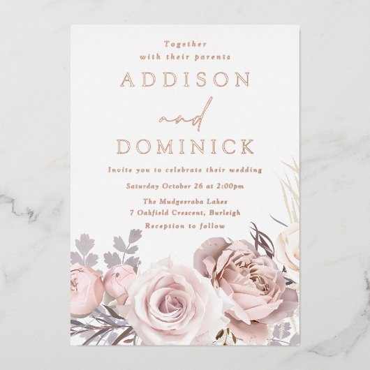 Rose Gold Foil Blush Blume Hochzeit Folieneinladung (Vorderseite)
