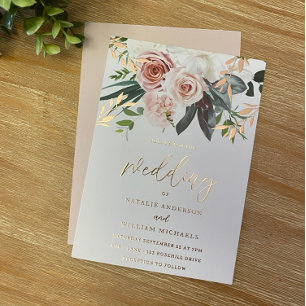 Rose Gold Foil & Blush Blume Hochzeit Folieneinladung