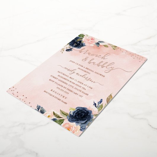 ROSE GOLD FOIL Blush Navy Blumenbrunch und Bubbly Folieneinladung (Gedreht)