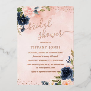 ROSE GOLD FOIL Blush Navy Floral Brautparty Folieneinladung