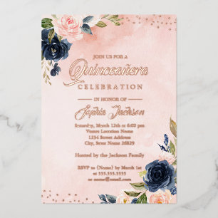 ROSE GOLD FOIL Blush Navy Floral Tiara Quinceanera Folieneinladung