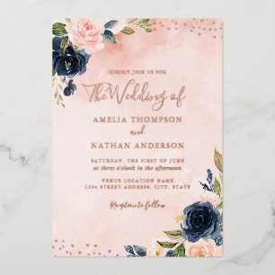 ROSE GOLD FOIL Blush Navy Floral Wedding Folieneinladung