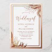 Rose Gold Foil Bohemisch Boho Blätter Hochzeit Folieneinladung (Vorderseite)