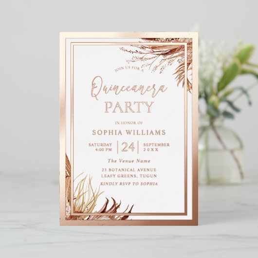 Rose Gold Foil Bohemisch Boho Quinceanera Party Folieneinladung (Stehend vorne)