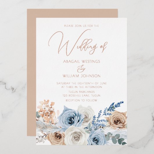 Rose Gold Foil Boho Blue Wedding Folieneinladung (Vorderseite/Rückseite)