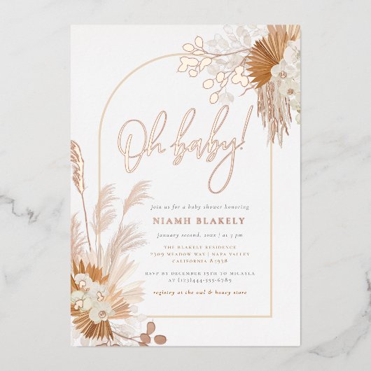Rose Gold Foil | Boho Pampas Arch Baby Shower Folieneinladung (Vorderseite)